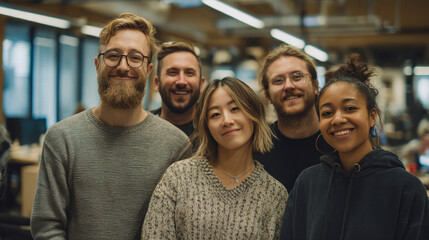 Fototapeta premium Group of five diverse young adults smiling in a modern office environment with bright lighting