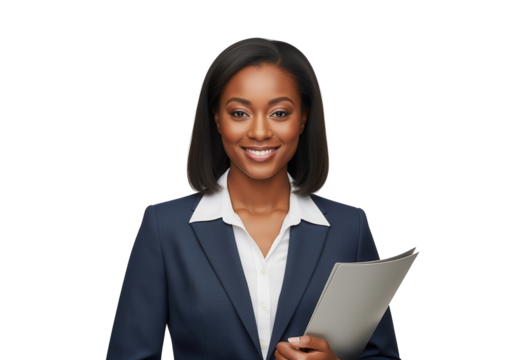 Professional Businesswoman Holding File on White Background - Powered by Adobe