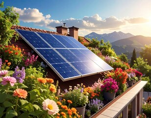 Urban Rooftop Solar Panel Garden with Mountain View