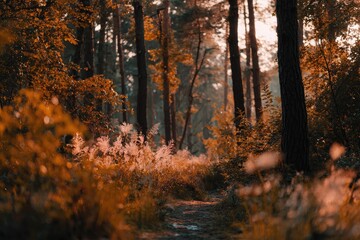 Obraz premium Sunlight filters through a woodland path, bathed in golden hues