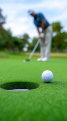 Golfer putting ball into hole on green course. 
