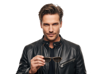 Stylish Man Holding Sunglasses Wearing Leather Jacket