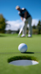 Golfer putting ball into hole on green course. 
