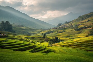 Lush terraced rice paddies, nestled in a valley, with misty mountains in the background