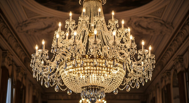 Elegant and ornate crystal chandelier with warm glowing lights illuminating a classic and luxurious interior - Powered by Adobe