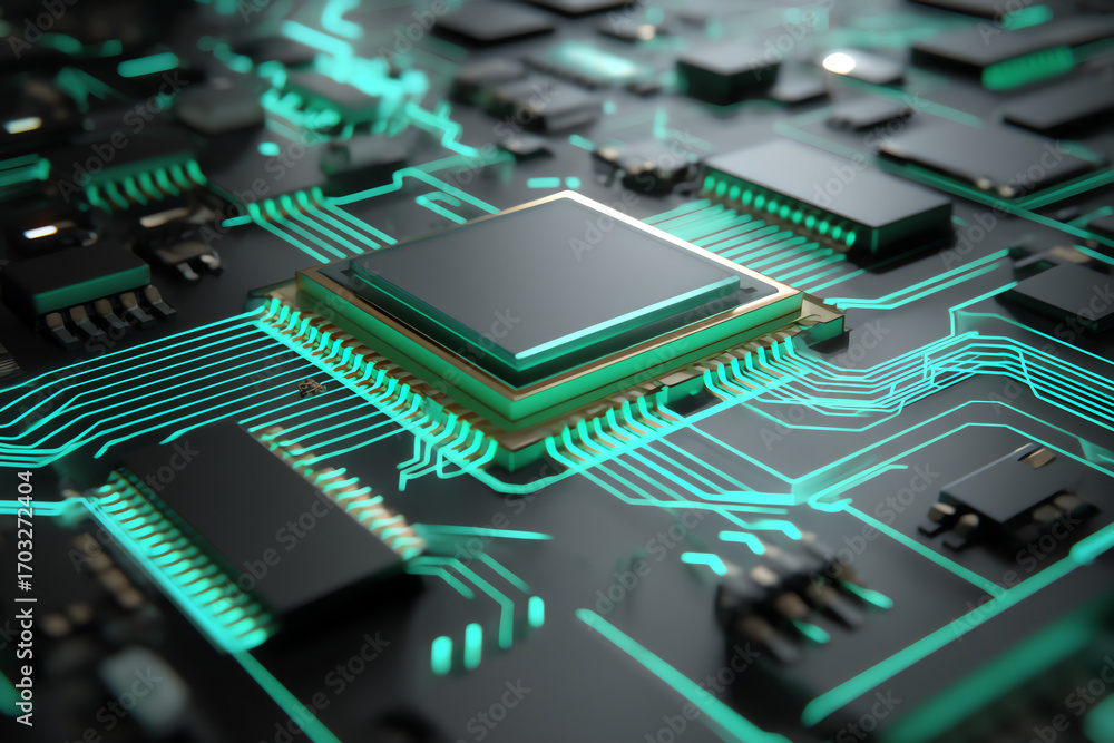 Poster Close-up of a glowing microchip on a circuit board, highlighting intricate electronic pathways and components in a futuristic technology setting