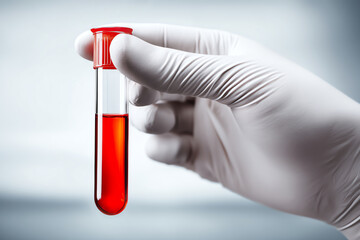 Gloved hand holding a test tube filled with red liquid, symbolizing medical testing, blood analysis, or laboratory research in a clinical setting