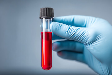 A gloved hand holds a test tube filled with bright red liquid, symbolizing blood sample collection and medical laboratory analysis in a clinical setting