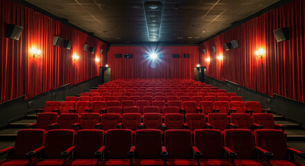 Rows of red seats in a movie theater with a bright screen and red curtains