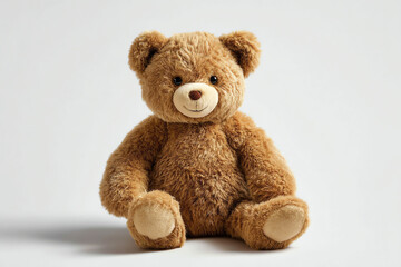 Obraz premium A fluffy brown teddy bear with a friendly smile sits against a plain white background, exuding warmth and comfort as a classic childhood toy