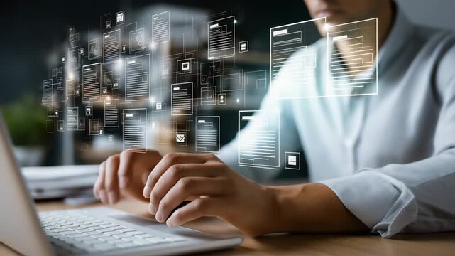 A man is typing on a laptop with a screen showing a lot of papers. analyst typing with floating transparency and accountability icons overlay, governance ethics muted editorial