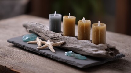 Candles on driftwood with starfish and sea glass on slate plate