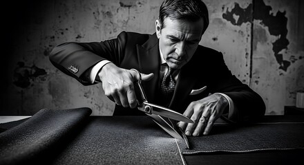 Dedicated tailor meticulously cutting fabric for a bespoke suit project