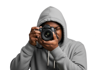 Photographer in Hoodie Taking Photo with DSLR on White