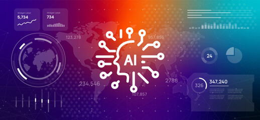 high-tech digital dashboard world map with AI icon featuring a circuit patterned head illustration symbolizes artificial intelligence machine learning and advanced global technology systems