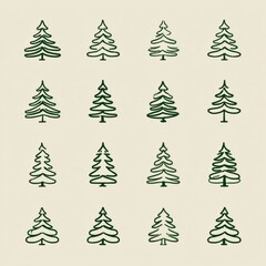 Obraz premium Collection of Simple Green Christmas Trees With Different Shapes Arranged on an Off-White Background Showing Holiday Spirit