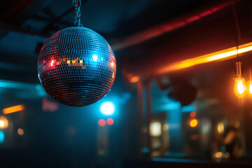 A shiny disco ball hangs from the ceiling in a dimly lit room with colorful blue and orange lights creating a lively party atmosphere