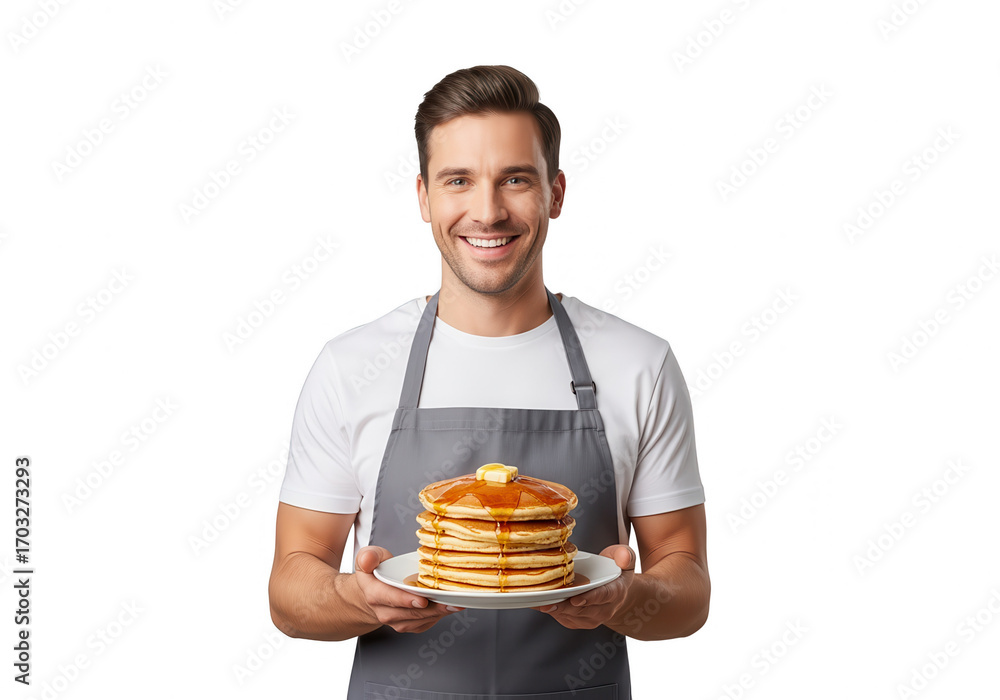 Poster smiling man holding stack of pancakes with butter and syrup