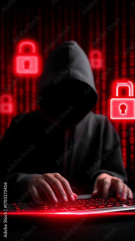 Aufkleber hacker in hoodie using computer with red digital locks.