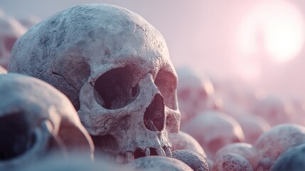 Weathered Human Skull Pile at Sunrise