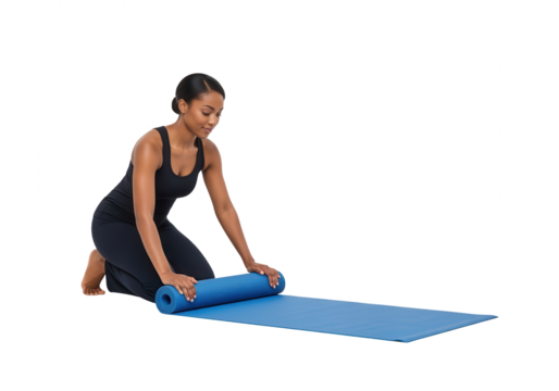 African American Woman Rolling Up Yoga Mat, Isolated - Powered by Adobe