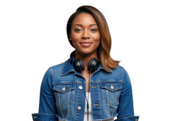 Stylish Black Woman with Headphones on White Background