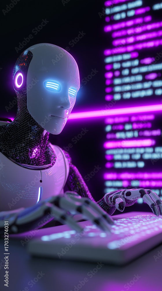 Poster futuristic humanoid robot coding at computer with neon lights.