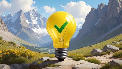 Yellow lightbulb with checkmark in mountains