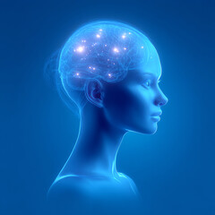 Obraz premium Profile of a glowing blue human head with an illuminated brain network, symbolizing neural activity, intelligence, and mental processes in a futuristic digital style