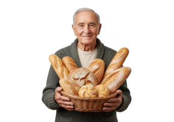 Happy Senior Man Holding Basket Full of Fresh Bread