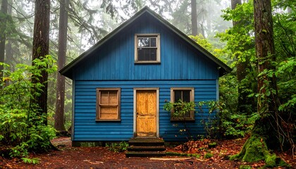 Blue cabin in a misty forest