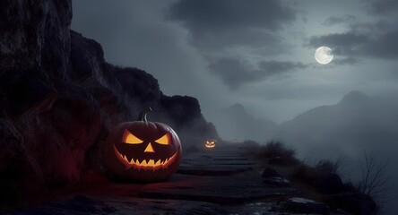 Halloween Jack-o-Lantern Pumpkins on rustic wooden background