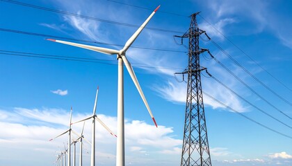Wind turbines and power lines against a blue sky.