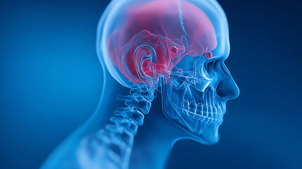 3D illustration of a transparent human skull and cervical spine highlighting the brain in red, showing internal anatomy and neural pathways in profile view