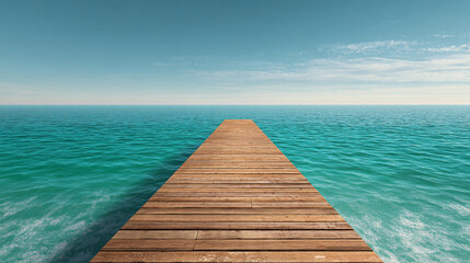Obraz premium Wooden pier extends into the turquoise ocean under a clear, cloud-speckled blue sky, inviting exploration.