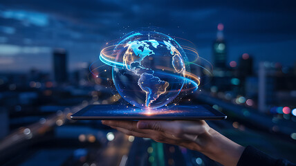 Fototapeta premium Global digital transformation on a tablet, showcasing connectivity and modern technology solutions now