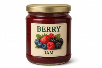 Mixed berry jam in glass jar, golden lid and labeled, displaying ripe fruit selection against transparent backdrop
