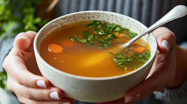 Woman sipping bone broth for gut health and overall well-being.