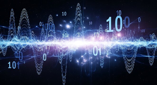 Digital data stream visualization with binary code and light effects.