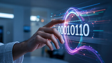 Hand interacts with binary code display, futuristic data interface for digital transformation concept