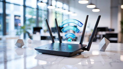 Ultra fast internet connection with wifi router in modern office ensures seamless business operations