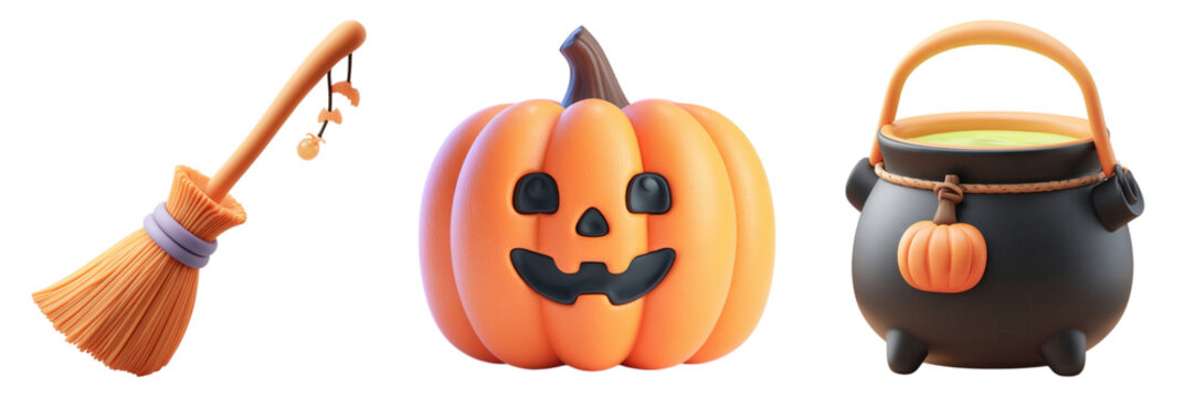 3D Halloween Elements Set with Pumpkin Cauldron and Witch Broom Transparent Background