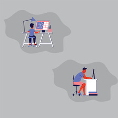 Linear vector illustration set of isolated students in learning process. Distance web learning, e-learning tools, school college activity, read a book, happy students with diploma, inclusive education