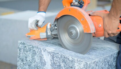 Worker cuts granite block