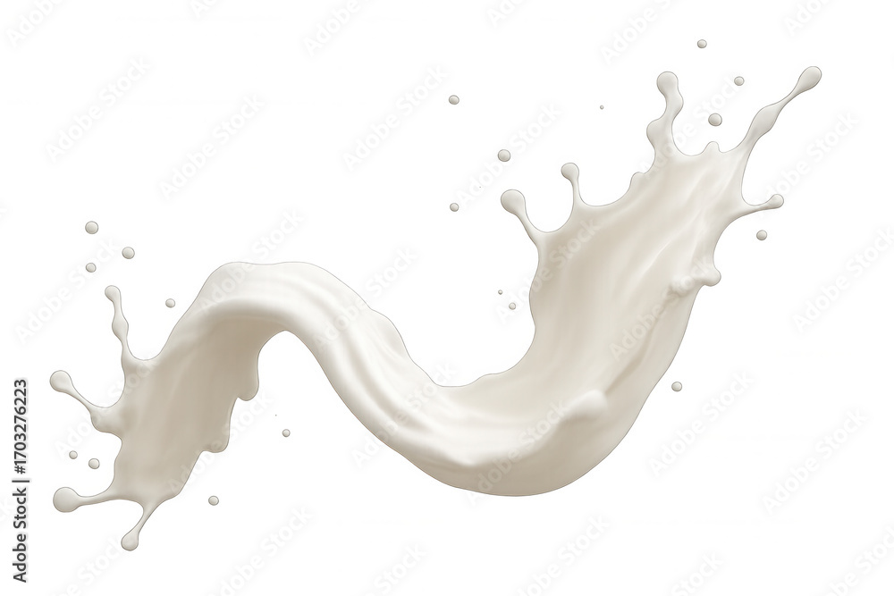 Poster milky splash creating dynamic curved form against transparent backdrop, highlighting dairy freshness
