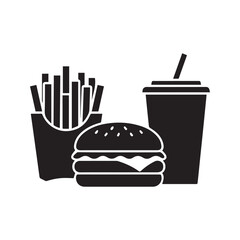 Fast food meal icon with burger, fries and soda. Junk food silhouette vector illustration.
