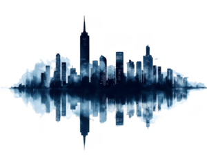 Silhouetted cityscape reflecting in water creates a mirrored on transparent background