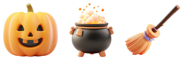3D Halloween Elements Set with Pumpkin Cauldron and Witch Broom Transparent Background