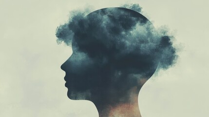 A thought bubble filled with dark, stormy clouds, emerging from a head in a simple line drawing,  on blurred background