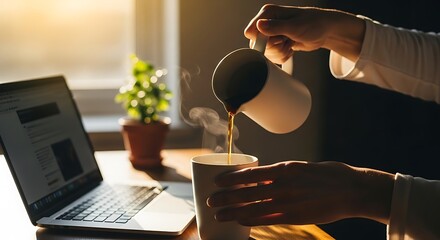 Golden morning coffee ritual with laptop and houseplant by the window